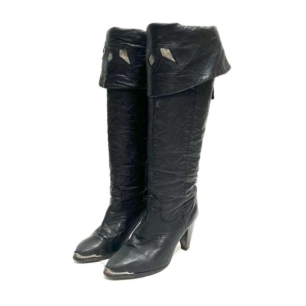 ZODIAC | Vintage 1980s black leather knee high fold over inlay heeled boots